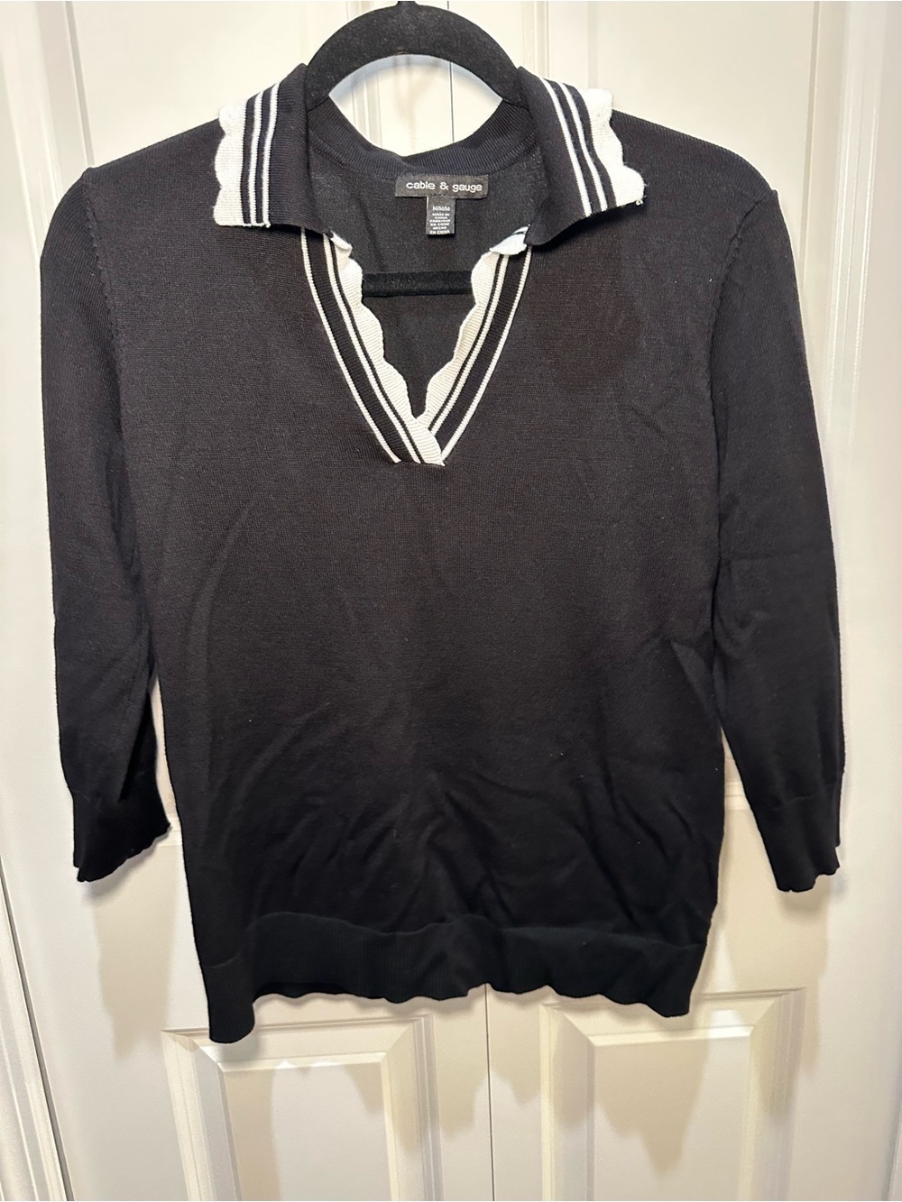 Cable & Gauge Women’s Black Polo-Style Sweater with White Trim Old Money Style